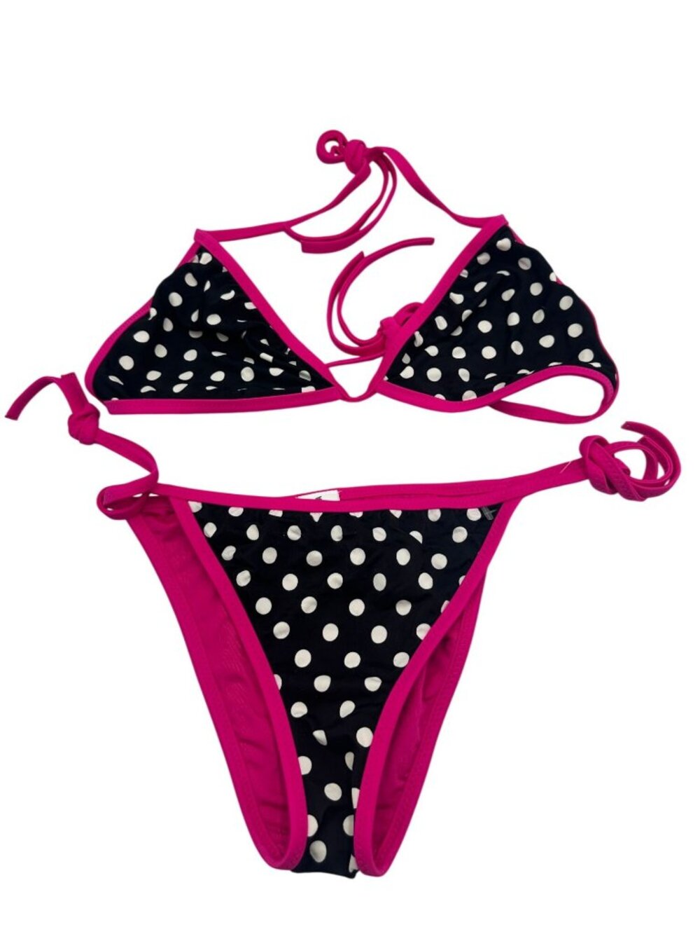 Vero Moda XS Polka Dot Bikini Black & Pink Womens Swimwear Adjustable Ties Nylon